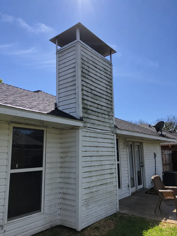 House siding with green algae and moss before pressure washing